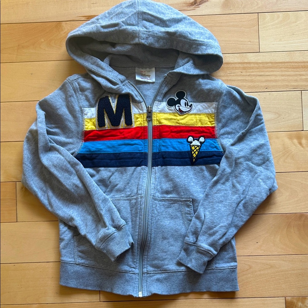 Disney Gray Hoodie with Mickey Mouse and Colorful Stripes